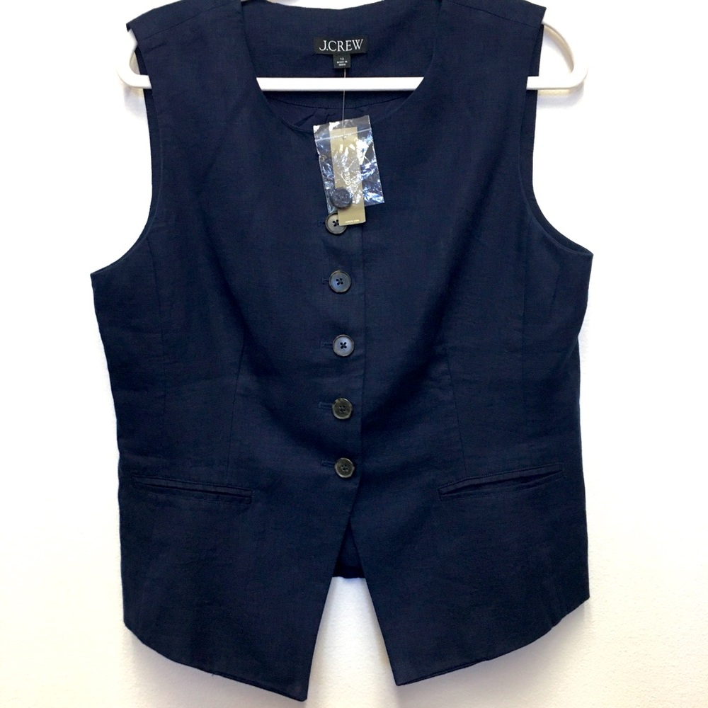 J Crew 100% Linen Sleeveless Blouse Vest 12 Navy Blue Preppy Classic Minimalist